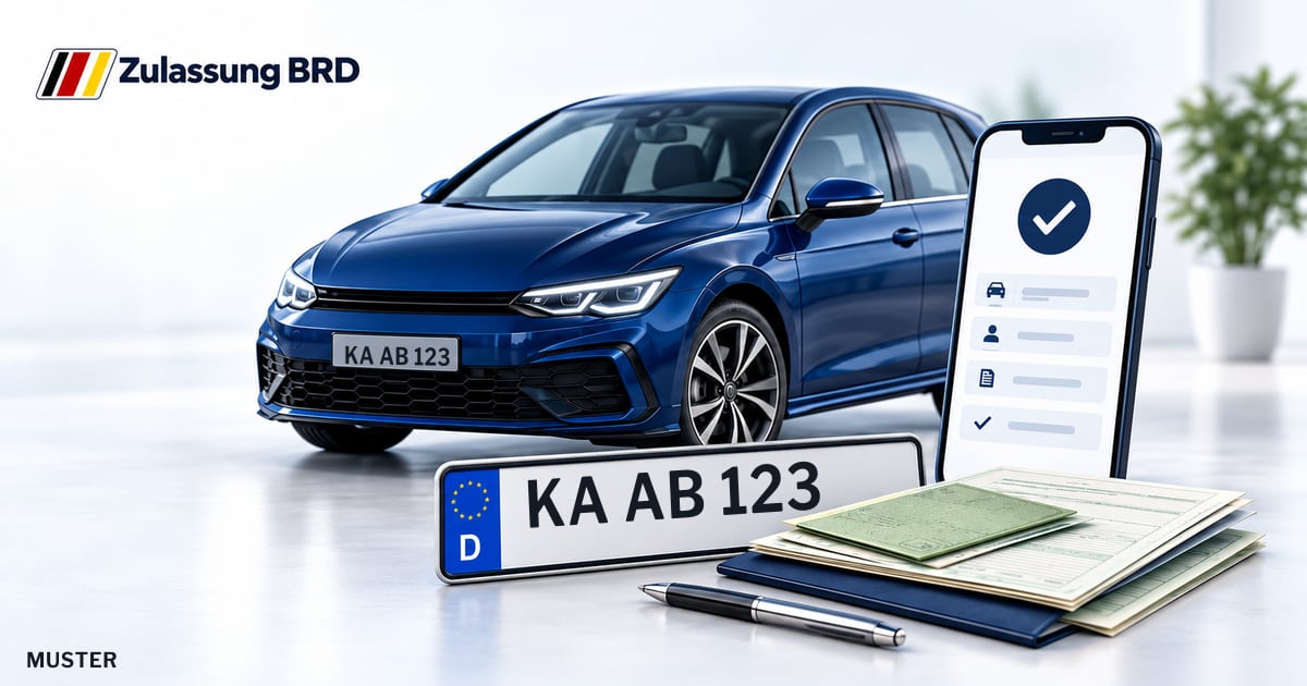 Online Fahrzeugzulassung in Weingarten (Baden): Musterkennzeichen KA AB 123, Auto und Fahrzeugpapiere und Smartphone. Illustration mit Logo von Zulassung BRD.